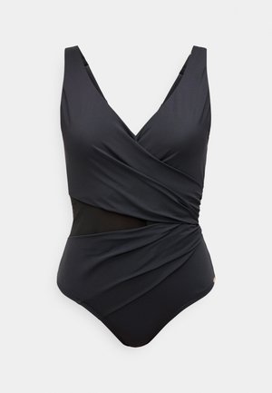 Costume intero nero con scollo a V, design incrociato arricciato e pannello laterale in rete trasparente, mostrato su uno sfondo semplice.