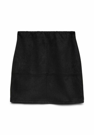 Czarna zamszowa mini spódnica o prostym kroju, z wykończeniami w formie przeszyć. Gładka faktura i elastyczny pas dla komfortu noszenia.