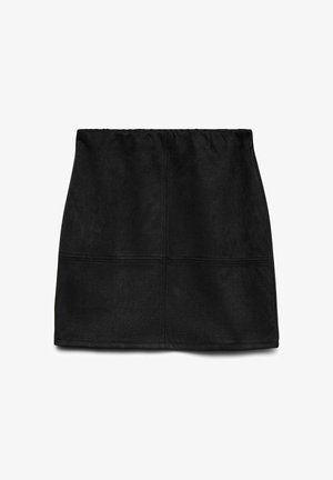 Gonna mini nera in suede con taglio dritto, caratterizzata da dettagli a pannello cuciti. Tessuto liscio e vita elastica per il massimo comfort.