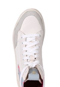 Sneaker alta in pelle bianca con accenti in suede grigi, lacci bianchi e dettagli multicolori laterali. Texture liscia, punta rotonda.