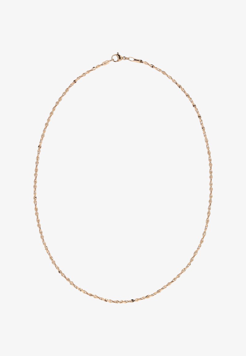 Vergoldete Halskette, dünnes, verdrehtes Kettendesign, mit einem Karabinerverschluss, glatter Oberfläche und minimalistischer Erscheinung.