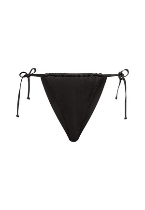 Funda de bikini neagră cu un design în formă de V, realizată dintr-un material neted. Previne țiței ajustabili pe laturi pentru o potrivire perfectă. Fără modele sau accente.