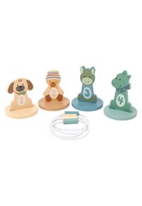 Wooden animal stacking toys in pastel colors: dog, duck, horse, and dragon with numbers 1-4. Includes a white cord for stacking.