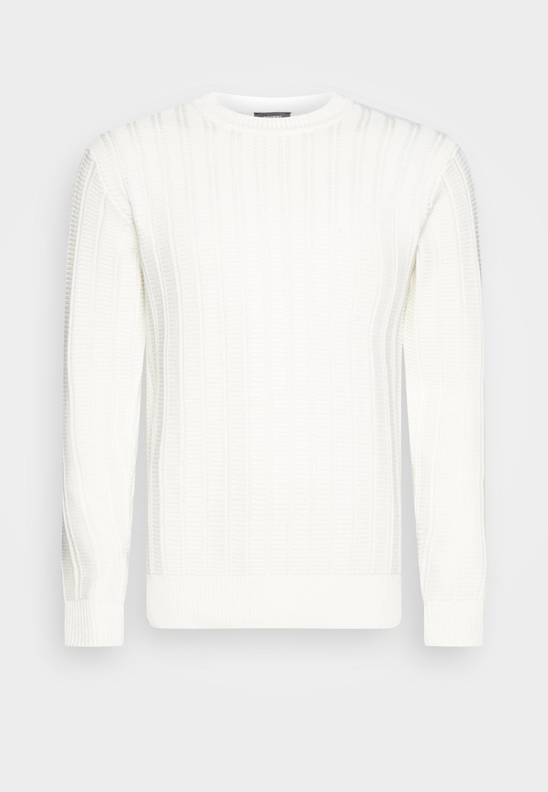 Weißer gestrickter Pullover mit geripptem Muster, Rundhalsausschnitt und langen Ärmeln. Der Stoff ist glatt und langlebig und weist subtile Musterabweichungen auf.