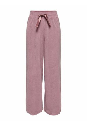 Light pink wide-leg pants made of soft fabric with an elastic waistband and a satin ribbon tie. Features a smooth texture and flowing design.