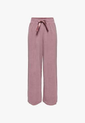 Light pink wide-leg pants made of soft fabric with an elastic waistband and a satin ribbon tie. Features a smooth texture and flowing design.