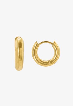 Goldene, runde Creolen mit einer glatten, polierten Oberfläche. Sie weisen ein leicht dickes Design auf und verfügen über einen Scharnierverschluss für sicheren Tragekomfort.