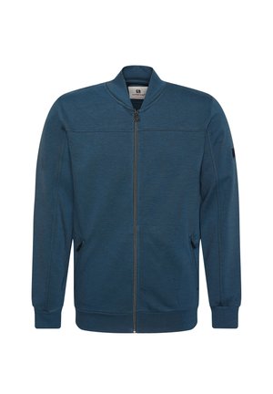 Herrenblaue Jacke aus weichem Stoff, mit einem Reißverschluss vorne, gerippten Bündchen und einem Stehkragen. Glatte Textur mit dezenten Nähakzenten.