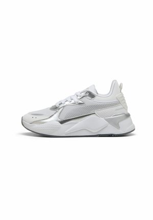 White and silver athletic sneaker with mesh and synthetic overlays, thick sole, lace-up closure, and textured heel support on a white background.