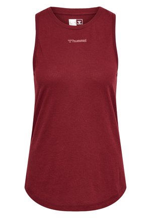 Ærmeløs sportstanktop i mørkerød med rund hals og lille lys grå "hummel"-logo centreret på brystet.