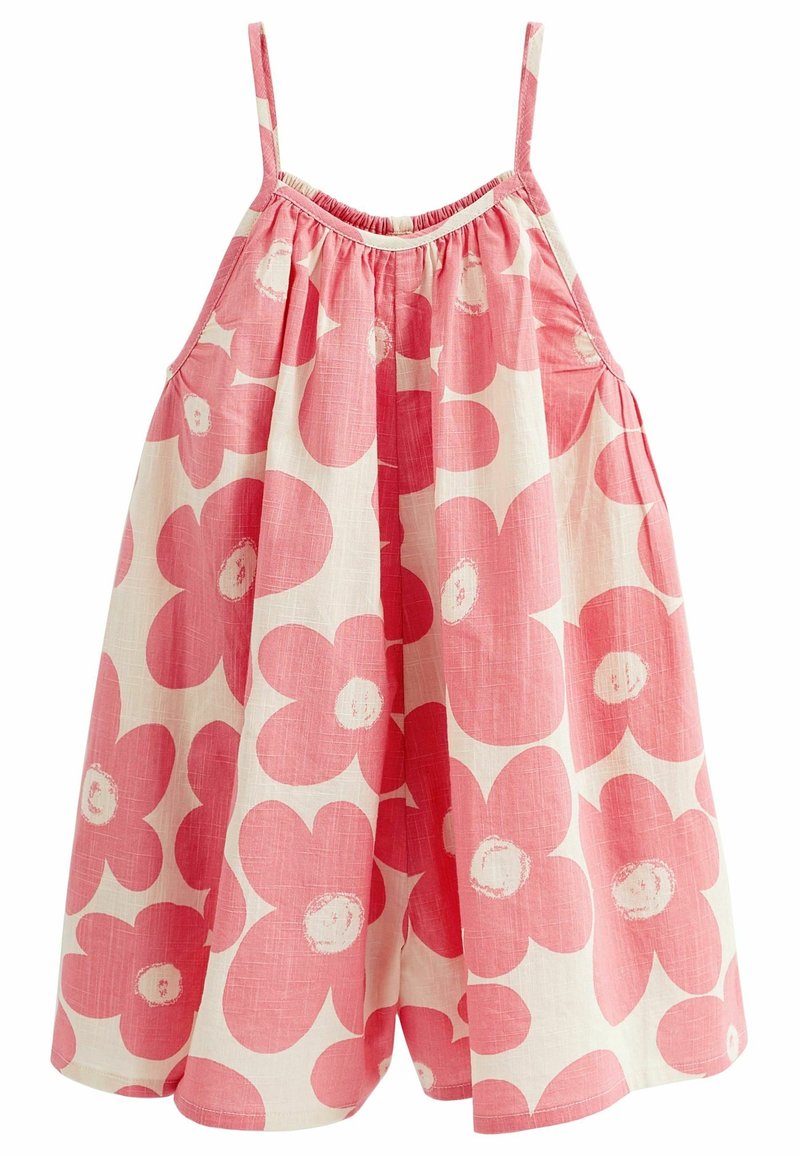 Robe sans manches rose et blanche avec de larges bretelles et un grand motif floral, encolure froncée et coupe ample et fluide.