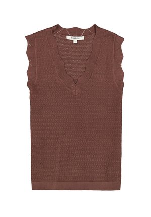 Bruine mouwloze trui met een gekartelde halslijn en een gestructureerd breipatroon, voorzien van een geribbelde zoom en een ontspannen pasvorm.