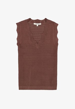 Pull sans manches marron avec un col en forme d'ondulations et un motif en tricot texturé, doté d'un ourlet côtelé et d'une coupe décontractée.