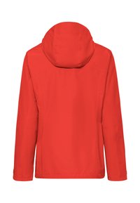 Veste imperméable rouge avec capuche attachée, manches longues et poignets ajustables, vue de dos sur fond blanc.