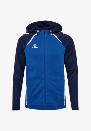 Kurtka z kapturem w kolorze niebieskim i granatowym, z zamkiem z przodu, białymi paskami po bokach oraz fakturowanym materiałem. Logotypy na klatce piersiowej i kapturze.