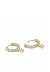 Guldörhängen i hoop-stil med små rosa stenar och klara kubiska zirkonior längs framkanten. Lätta med en polerad finish.