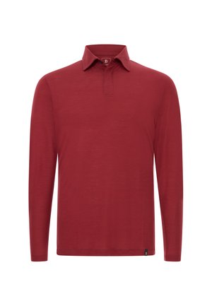 Męska koszulka polo z długim rękawem w jednolitym ciemnoczerwonym kolorze z klasycznym kołnierzykiem i ukrytym zapięciem na guziki, dopasowany krój.