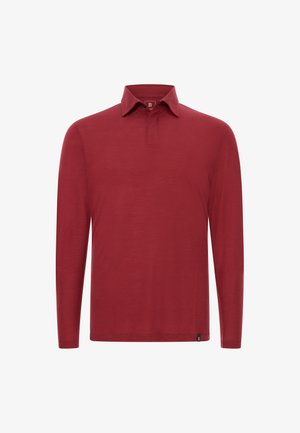 Pánská polo košile s dlouhým rukávem v jednobarevné tmavě červené barvě s klasickým límečkem a skrytým zapínáním na knoflíky, přiléhavý střih.
