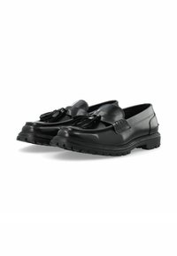 Schwarze Lederloafer mit Quasten-Detail, runder Zehenpartie und strukturiertem Gummisohle. Verfügt über eine glatte Oberfläche und gestickte Akzente im Obermaterial.