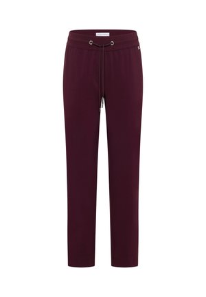 Pantalon de survêtement bordeaux avec taille élastique et cordon de serrage, jambes droites, et détail subtil de logo en métal sur le côté.