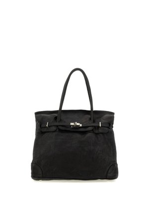 Borsa tote in pelle nera con doppi manici e dettaglio fibbia in argento, esposta su sfondo bianco.