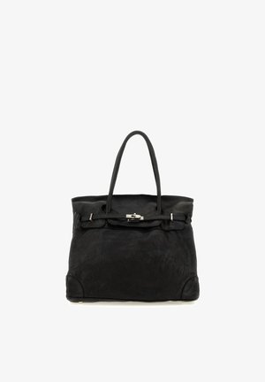 Borsa tote in pelle nera con doppi manici e dettaglio fibbia in argento, esposta su sfondo bianco.