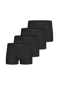 Vier Paare schwarze Boxershorts mit einem elastischen Bund, die vorne mit einem Logo versehen sind und für einen engen Sitz entworfen wurden.