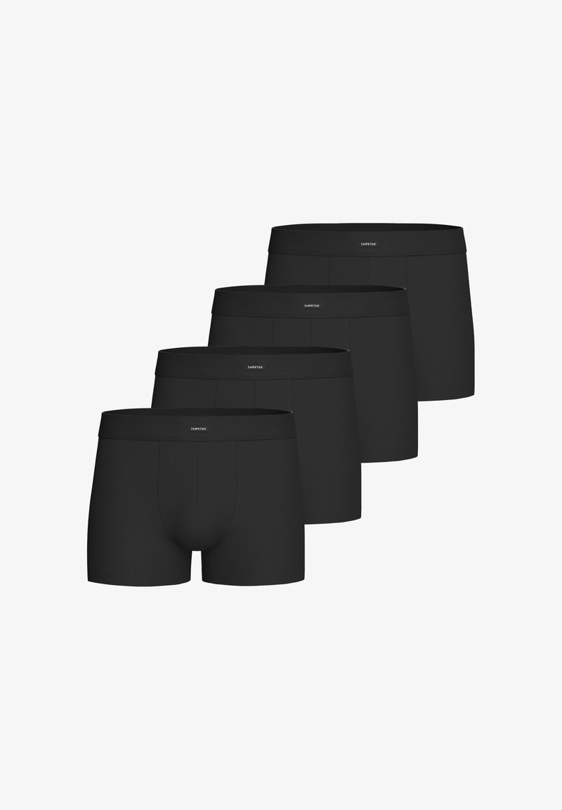 Cuatro pares de calzoncillos boxers negros con cintura elástica, con un logo en la parte delantera, diseñados para un ajuste ceñido.