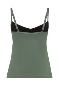 Lichte camisole in olijfgroen, met verstelbare bandjes, een zwarte voering en een v-halsontwerp. Gladde textuur met een getailleerde pasvorm.