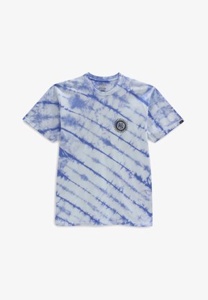 Kurzärmeliges Batik-T-Shirt mit blauen und weißen diagonalen Streifen und einem schwarzen Vans-Sonnenlogo auf der linken Brust.
