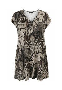 Schwarzes und beiges Kurzarmkleid mit V-Ausschnitt, verziert mit einem tropischen Blattmuster auf einem weichen Stoff, der eine lockere, fließende Silhouette bietet.