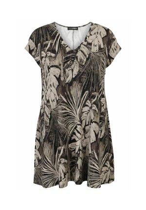 Schwarzes und beiges Kurzarmkleid mit V-Ausschnitt, verziert mit einem tropischen Blattmuster auf einem weichen Stoff, der eine lockere, fließende Silhouette bietet.