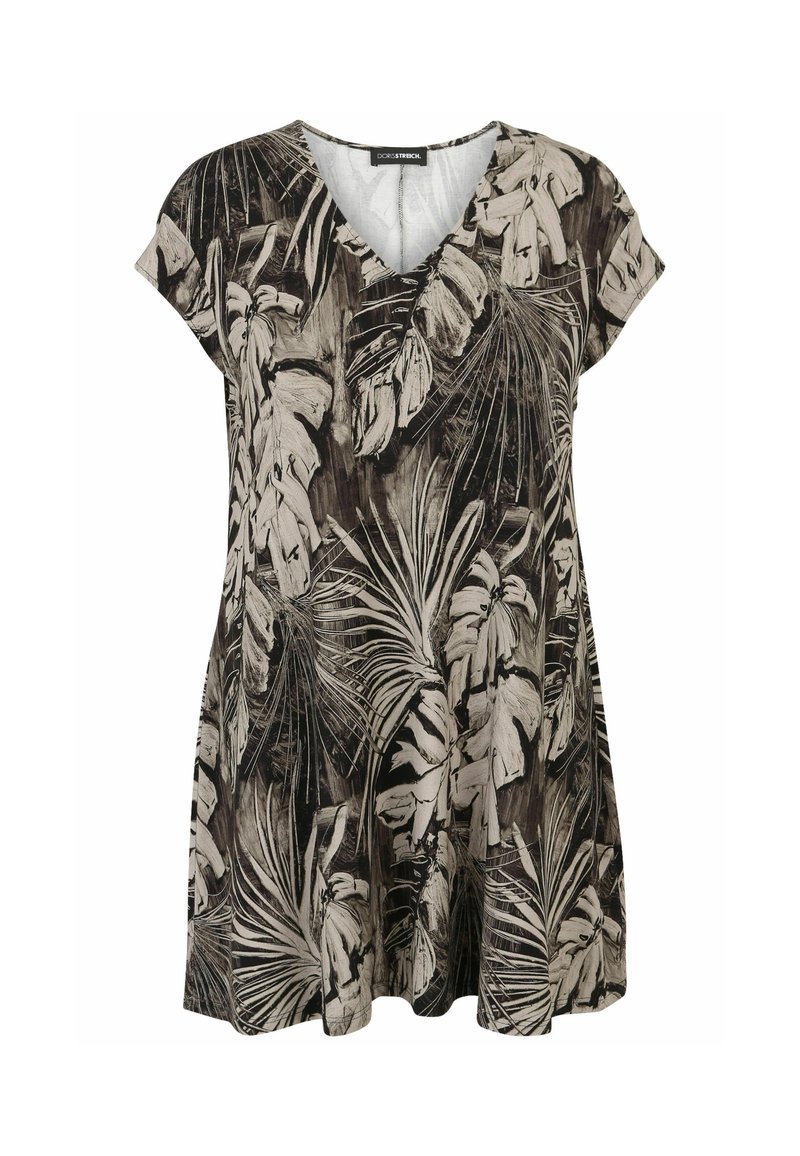 Schwarzes und beiges Kurzarmkleid mit V-Ausschnitt, verziert mit einem tropischen Blattmuster auf einem weichen Stoff, der eine lockere, fließende Silhouette bietet.