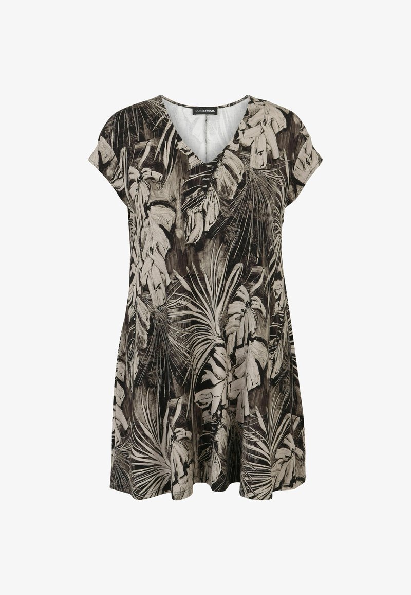 Schwarzes und beiges Kurzarmkleid mit V-Ausschnitt, verziert mit einem tropischen Blattmuster auf einem weichen Stoff, der eine lockere, fließende Silhouette bietet.