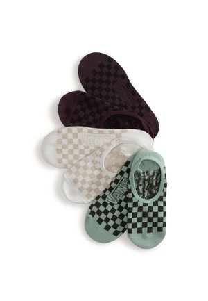 Fünf Paar Socken im Schachbrettmuster in Lila, Schwarz, Creme und Grün, mit einer sanften Textur und einem No-Show-Design.