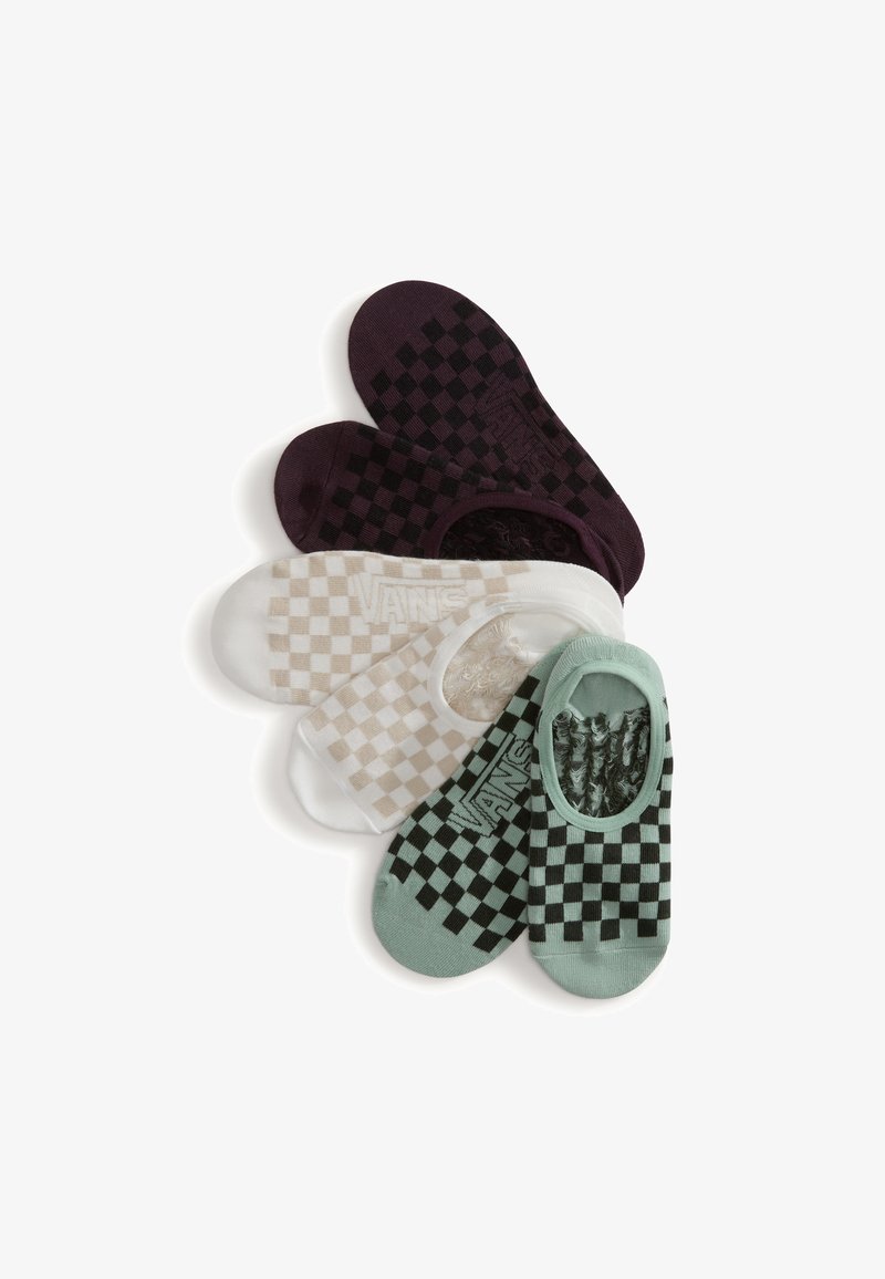 Cinco pares de calcetines con patrón de tablero de ajedrez en púrpura, negro, blanco roto y verde, con una textura suave y diseño invisible.