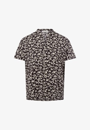 Schwarzes Kurzarmhemd mit einem weißen Blumendesign, ausgestattet mit einem Stehkragen und einer Knopfleiste. Hergestellt aus leichtem Stoff.