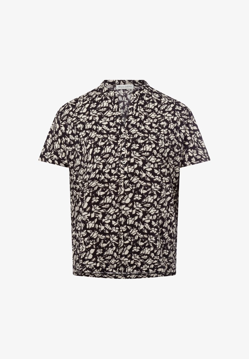 Schwarzes Kurzarmhemd mit einem weißen Blumendesign, ausgestattet mit einem Stehkragen und einer Knopfleiste. Hergestellt aus leichtem Stoff.
