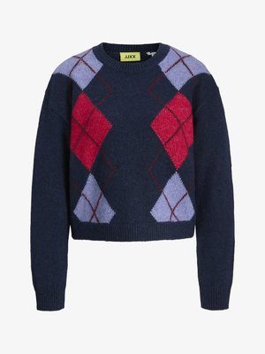 Navy knit sweater with red, purple, and white argyle pattern. Features a crew neckline and ribbed cuffs and hem. Brand label visible inside.