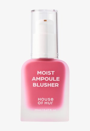 Blush liquide rose dans un flacon en verre dépoli avec pompe blanche et bouchon transparent portant l'étiquette Moist Ampoule Blusher de House of Hur.