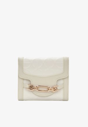 Cream textured leather wallet with a chain accent, featuring a flap closure and stitched edges. Glossy finish with embossed patterns.