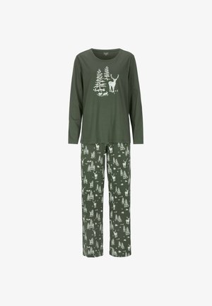 Grøn bomulds pyjamas sæt med en langærmet top med hvidt dyre- og træprint, og matchende bukser med et lignende mønster overalt.
