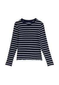 Langetermijn navy shirt met witte horizontale strepen, geribbelde textuur, ronde halslijn en een gegolfde onderrand. Gemaakt van zacht materiaal.