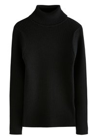 Sort ribstrikket rullekrave-trøje med lange ærmer og høj hals, der har en tekstureret overflade og en tætsiddende pasform.