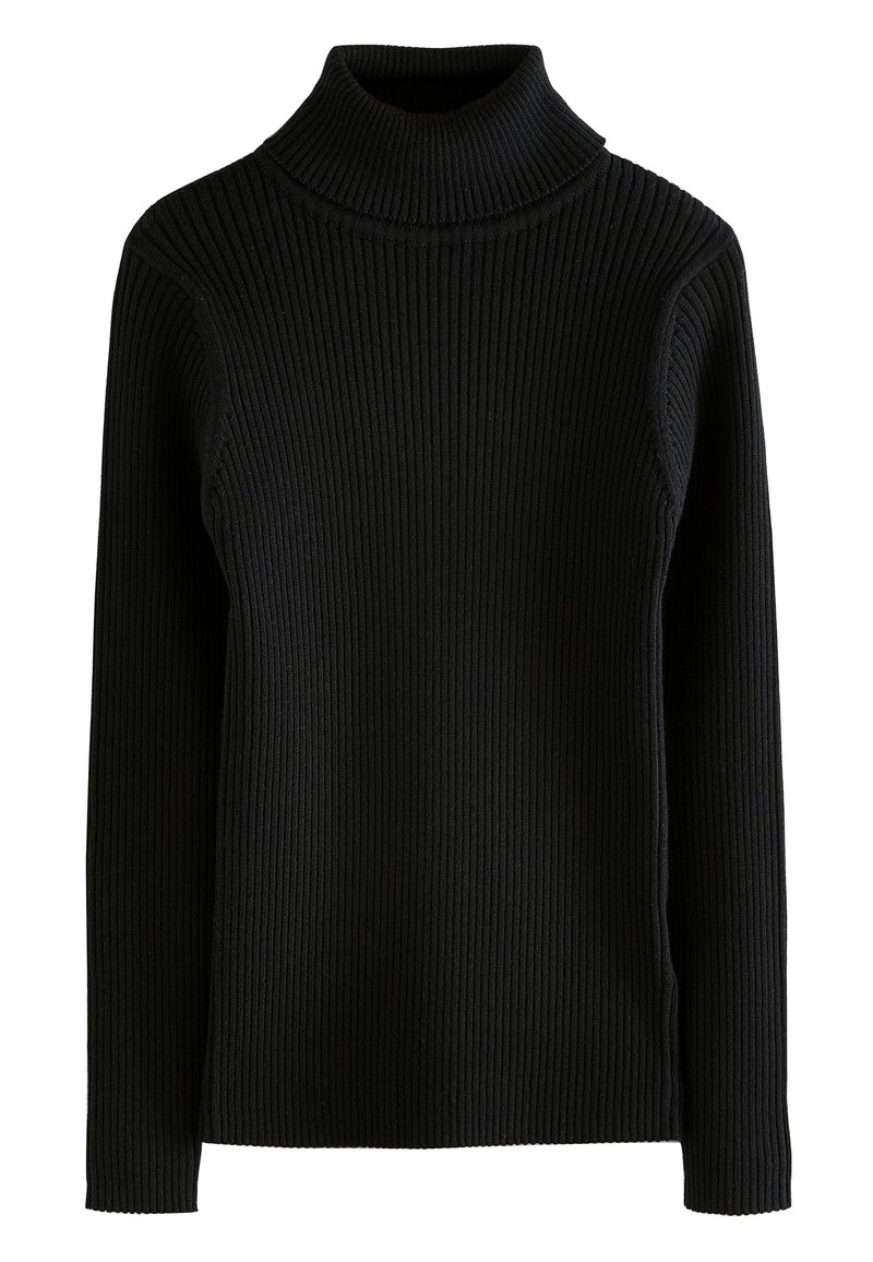 Sort ribstrikket rullekrave-trøje med lange ærmer og høj hals, der har en tekstureret overflade og en tætsiddende pasform.