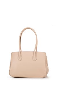 Borsa tote in pelle beige con due manici arrotondati, superficie texturizzata e forma ampia e rettangolare. Nessuna hardware visibile o motivi.