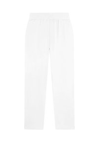 Pantalones blancos de cintura elástica con un diseño de pierna recta, fabricados en una tela suave y lisa. Sin patrones ni adornos visibles.