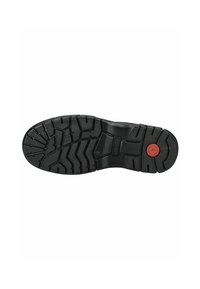 Semelle de botte en caoutchouc noir dotée d'un motif de cramponnage profond pour une meilleure adhérence, avec un accent rouge circulaire près du talon pour la stabilité et le grip.