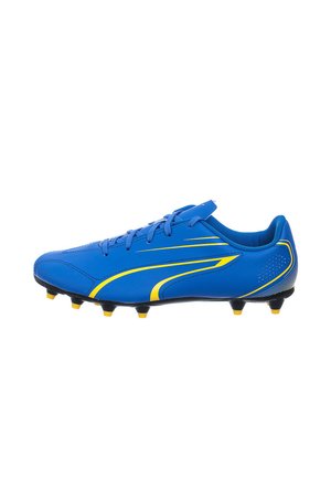 Scarpa da calcio blu con accenti gialli, realizzata in materiale sintetico elegante, design a profilo basso e superficie testurizzata. Presenta sei tacchetti neri e gialli.