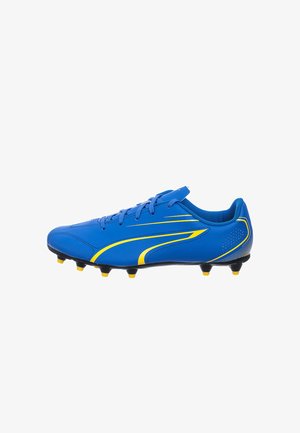 Scarpa da calcio blu con accenti gialli, realizzata in materiale sintetico elegante, design a profilo basso e superficie testurizzata. Presenta sei tacchetti neri e gialli.